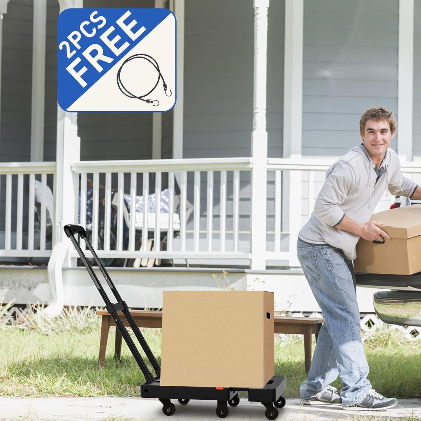 Folding Hand Truck, 500 LB Heavy Duty Luggage Cart, Utility Dolly Platform Cart with 6 Wheels & 2 Elastic Ropes for Luggage, Travel, Moving, Shopping, Office Use, Black