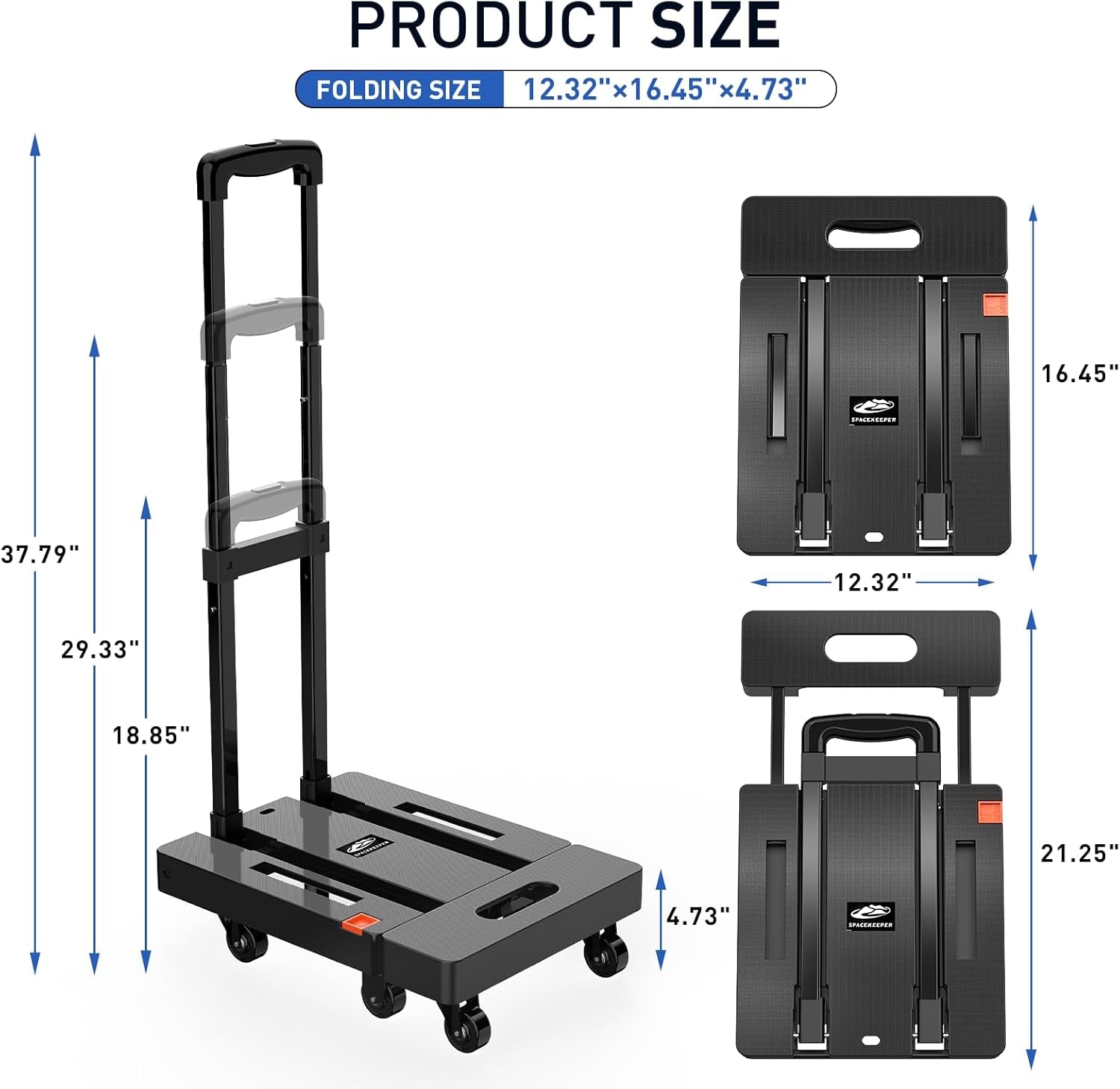 Folding Hand Truck, 500 LB Heavy Duty Luggage Cart, Utility Dolly Platform Cart with 6 Wheels & 2 Elastic Ropes for Luggage, Travel, Moving, Shopping, Office Use, Black