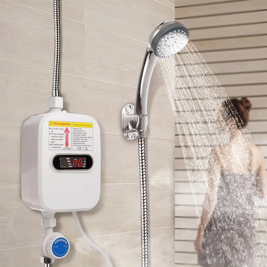 3500W Electric Tankless Water Heater Shower Head Set, Instant Hot Water Heater LCD Display, White