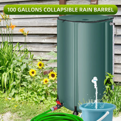 Collapsible Rain Barrel 100 Gallon Rainwater Collection Storage Tank with Garden Hose, Green