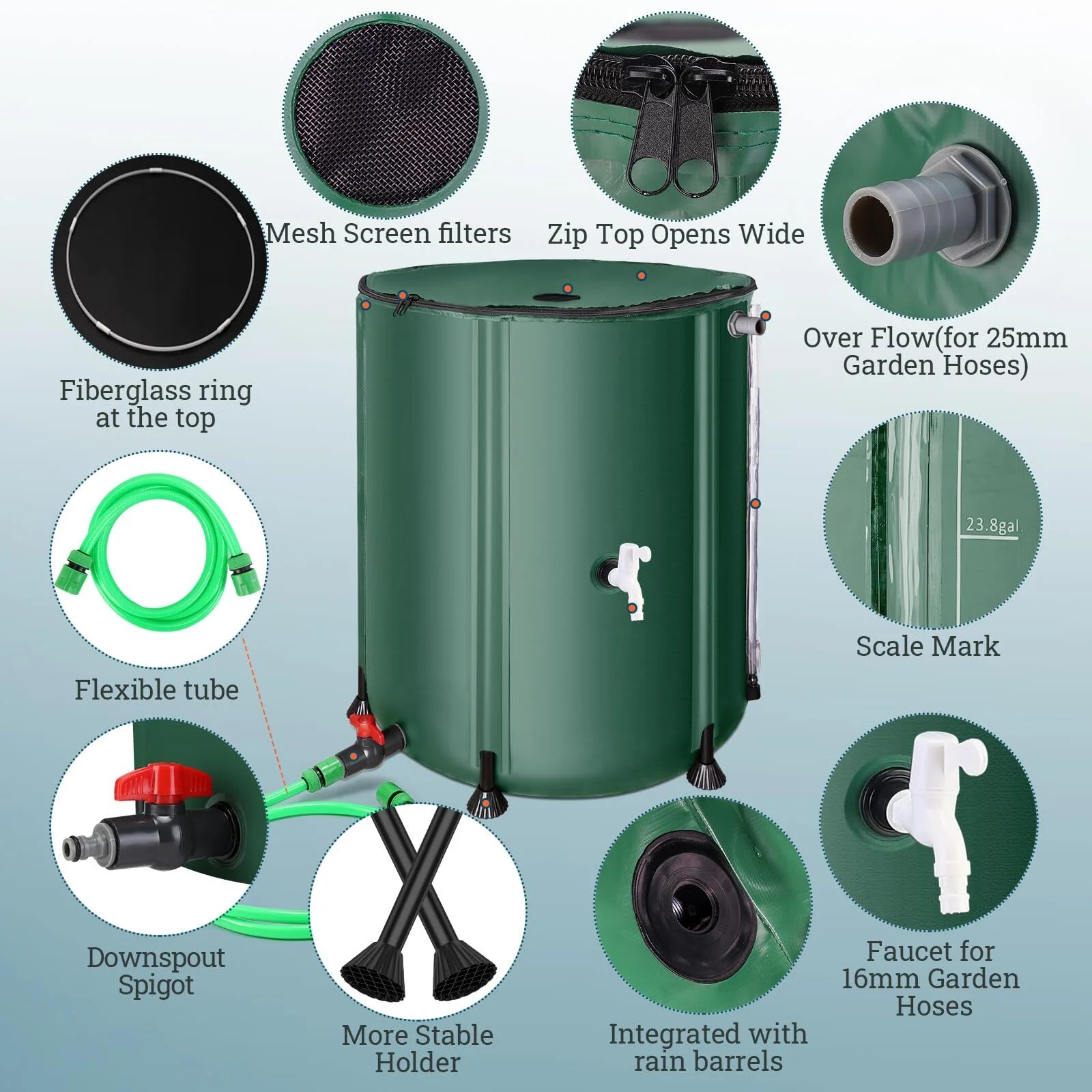 Collapsible Rain Barrel 100 Gallon Rainwater Collection Storage Tank with Garden Hose, Green