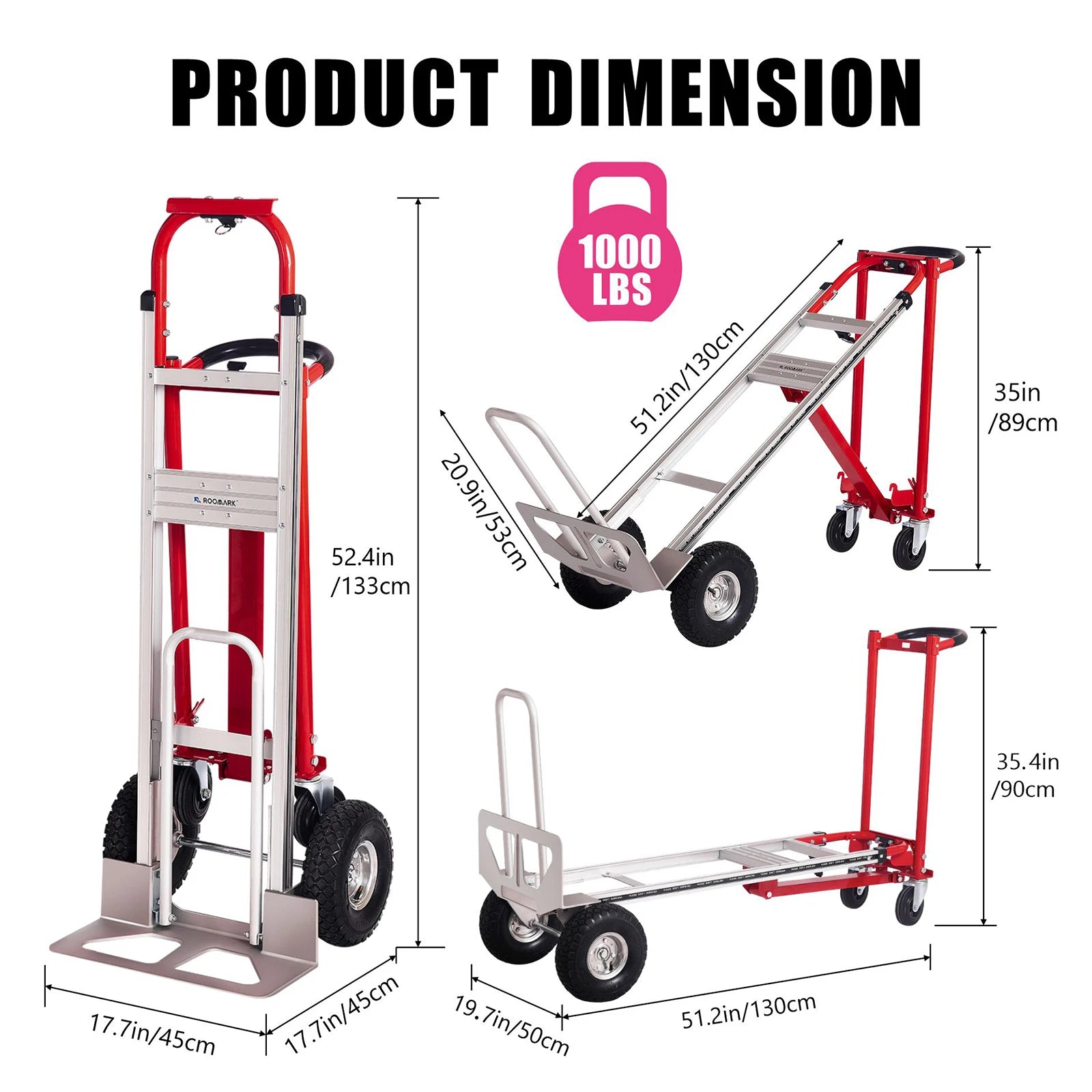 ROOMARK Hand Truck Dolly 3 in 1 Convertible Moving Cart 1000 Lb Capacity with Telescopic Frame Non-Slip Wheels for Easy Delivery