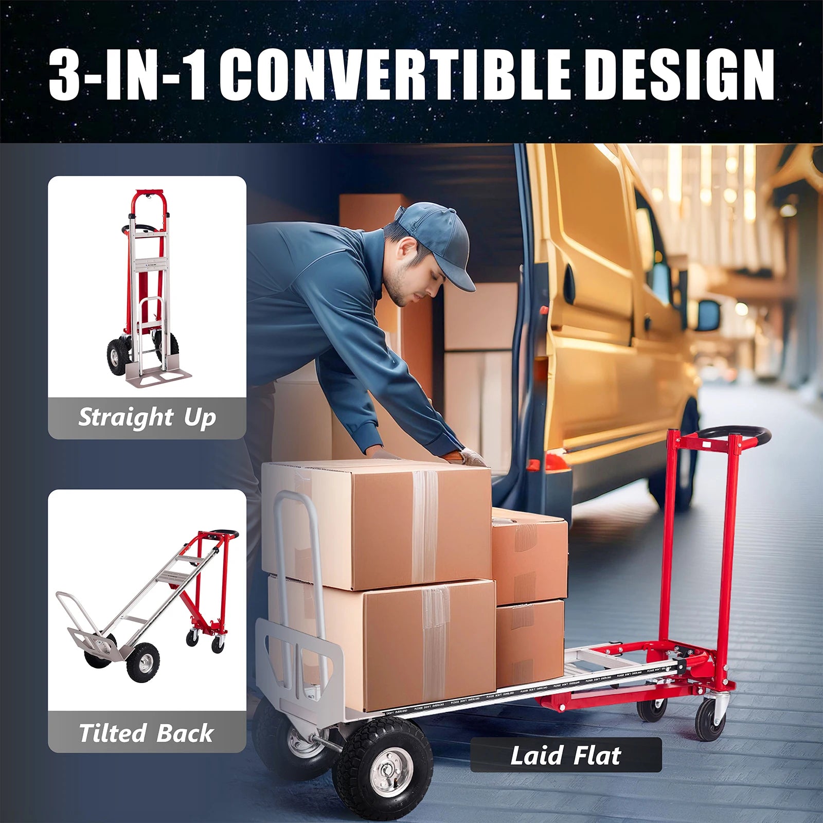ROOMARK Hand Truck Dolly 3 in 1 Convertible Moving Cart 1000 Lb Capacity with Telescopic Frame Non-Slip Wheels for Easy Delivery