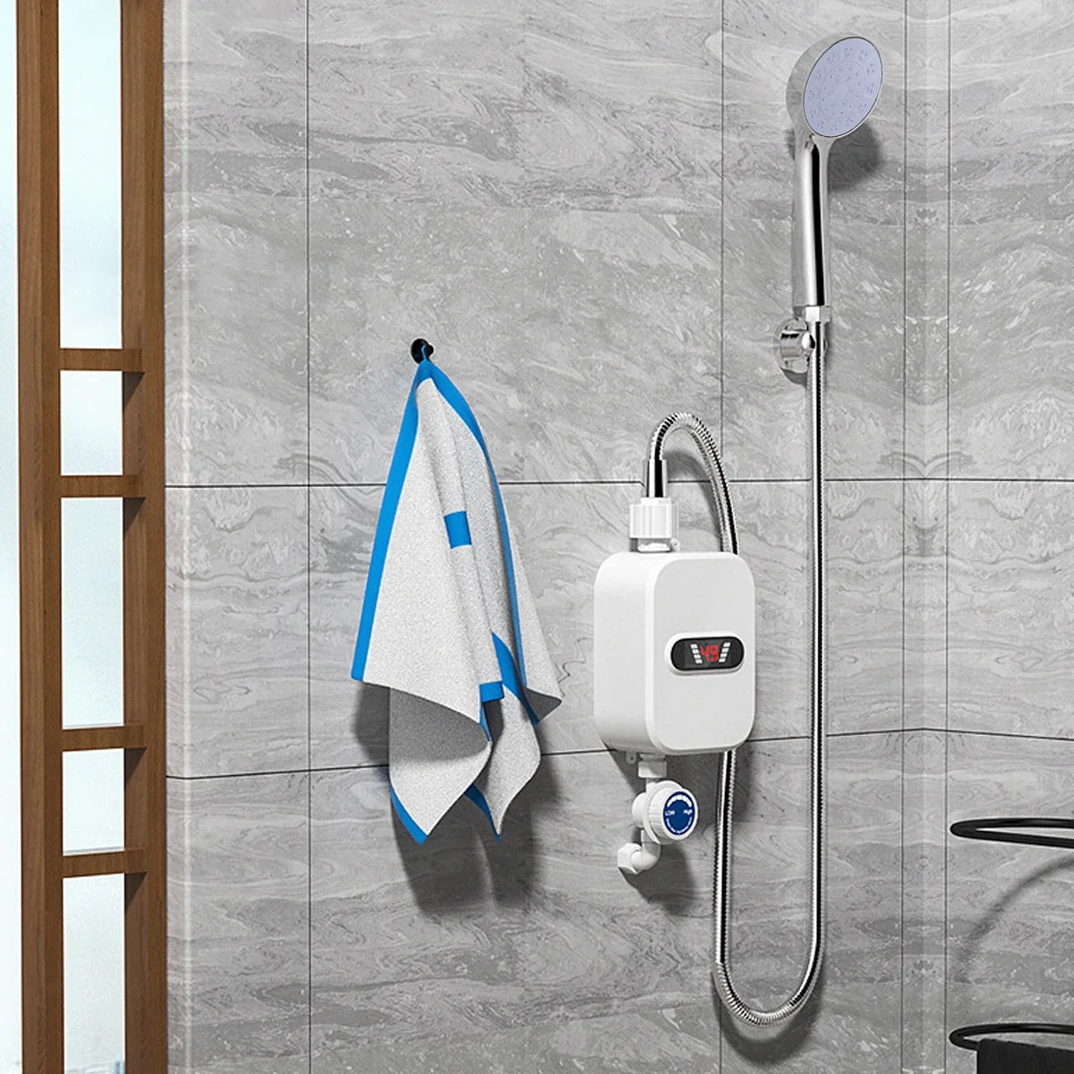 3500W Electric Tankless Water Heater Shower Head Set, Instant Hot Water Heater LCD Display, White