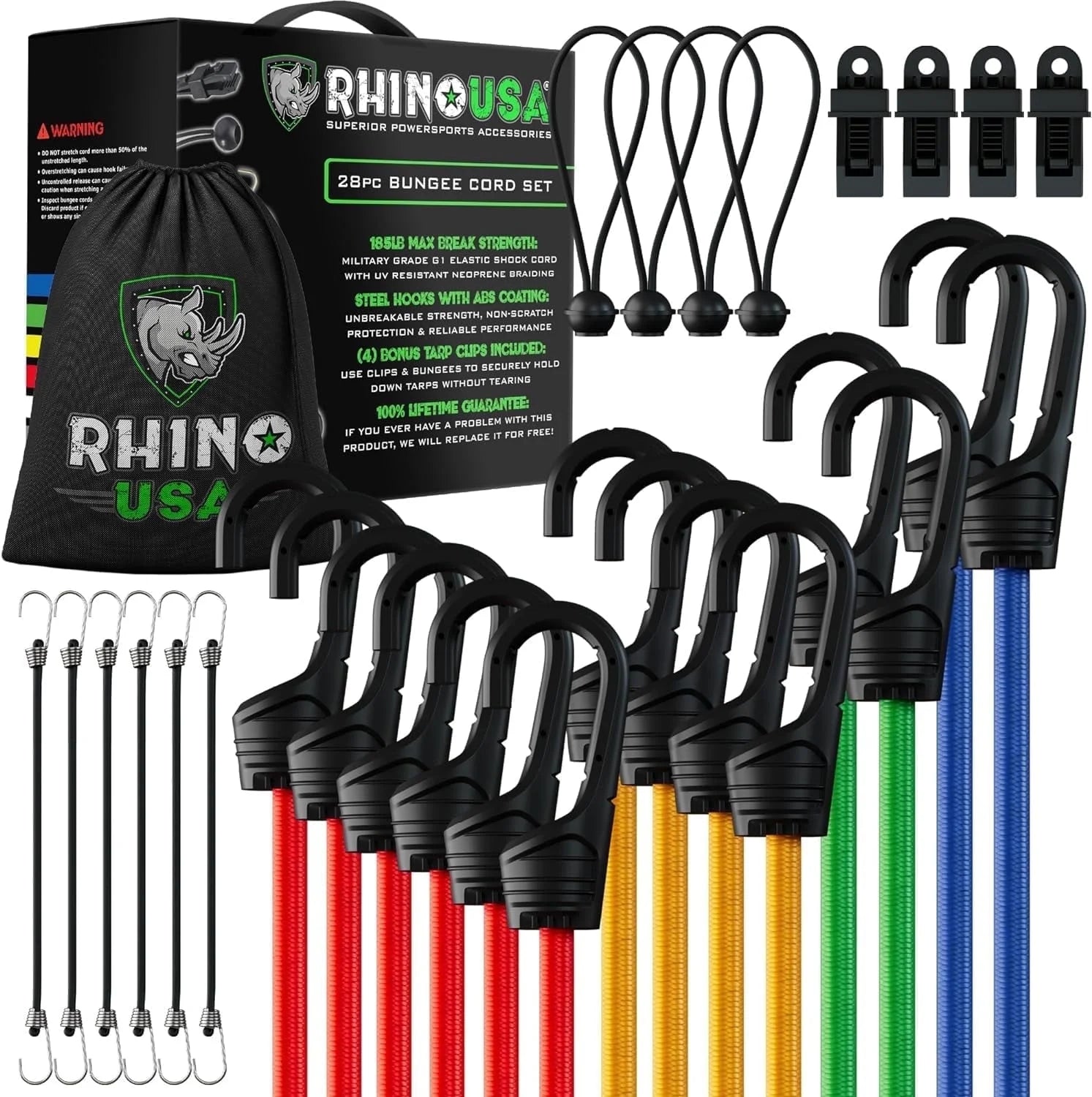 Bungee Cords with Hooks - Heavy Duty Outdoor 28Pc Assortment with 4 Free Tarp Clips