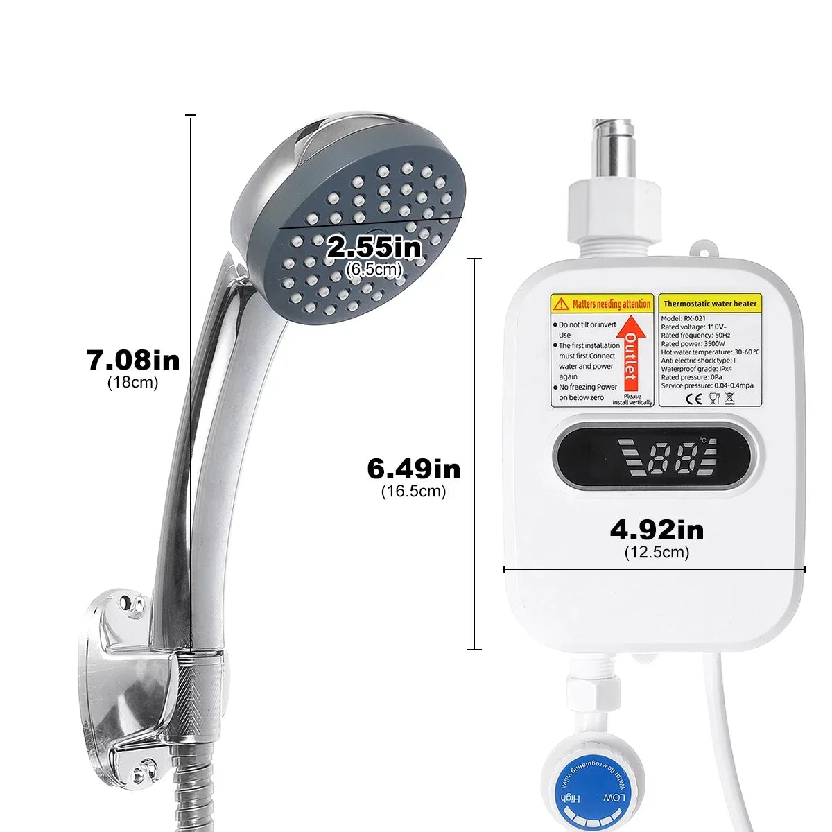 3500W Electric Tankless Water Heater Shower Head Set, Instant Hot Water Heater LCD Display, White