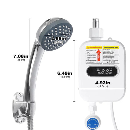 3500W Electric Tankless Water Heater Shower Head Set, Instant Hot Water Heater LCD Display, White