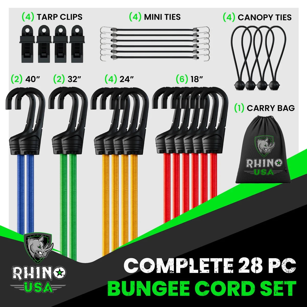 Bungee Cords with Hooks - Heavy Duty Outdoor 28Pc Assortment with 4 Free Tarp Clips