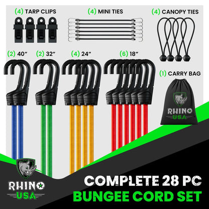 Bungee Cords with Hooks - Heavy Duty Outdoor 28Pc Assortment with 4 Free Tarp Clips
