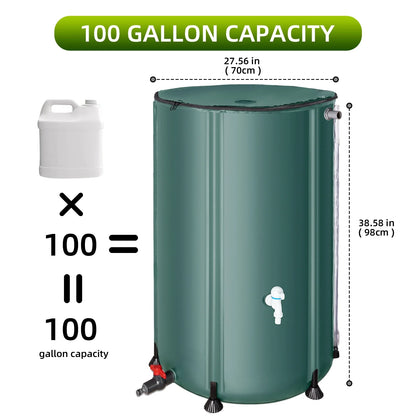 Collapsible Rain Barrel 100 Gallon Rainwater Collection Storage Tank with Garden Hose, Green
