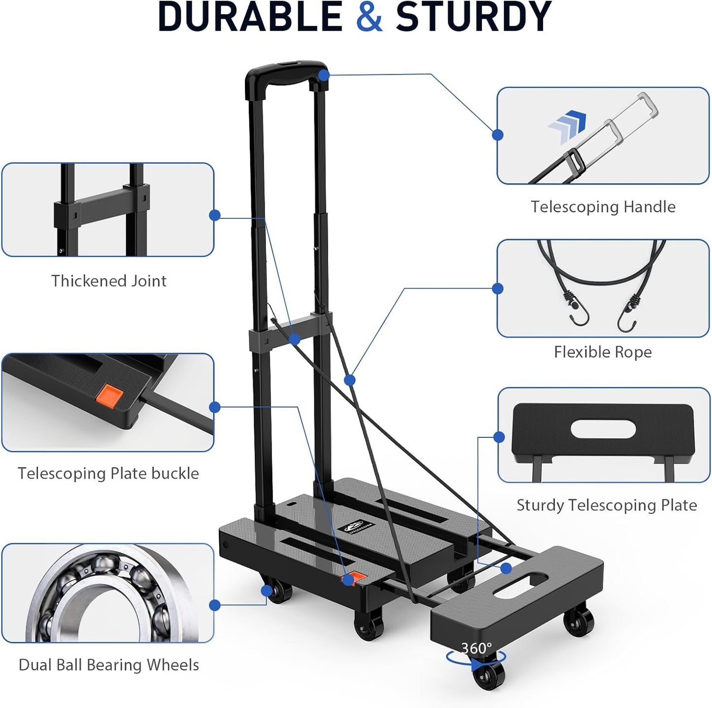 Folding Hand Truck, 500 LB Heavy Duty Luggage Cart, Utility Dolly Platform Cart with 6 Wheels & 2 Elastic Ropes for Luggage, Travel, Moving, Shopping, Office Use, Black