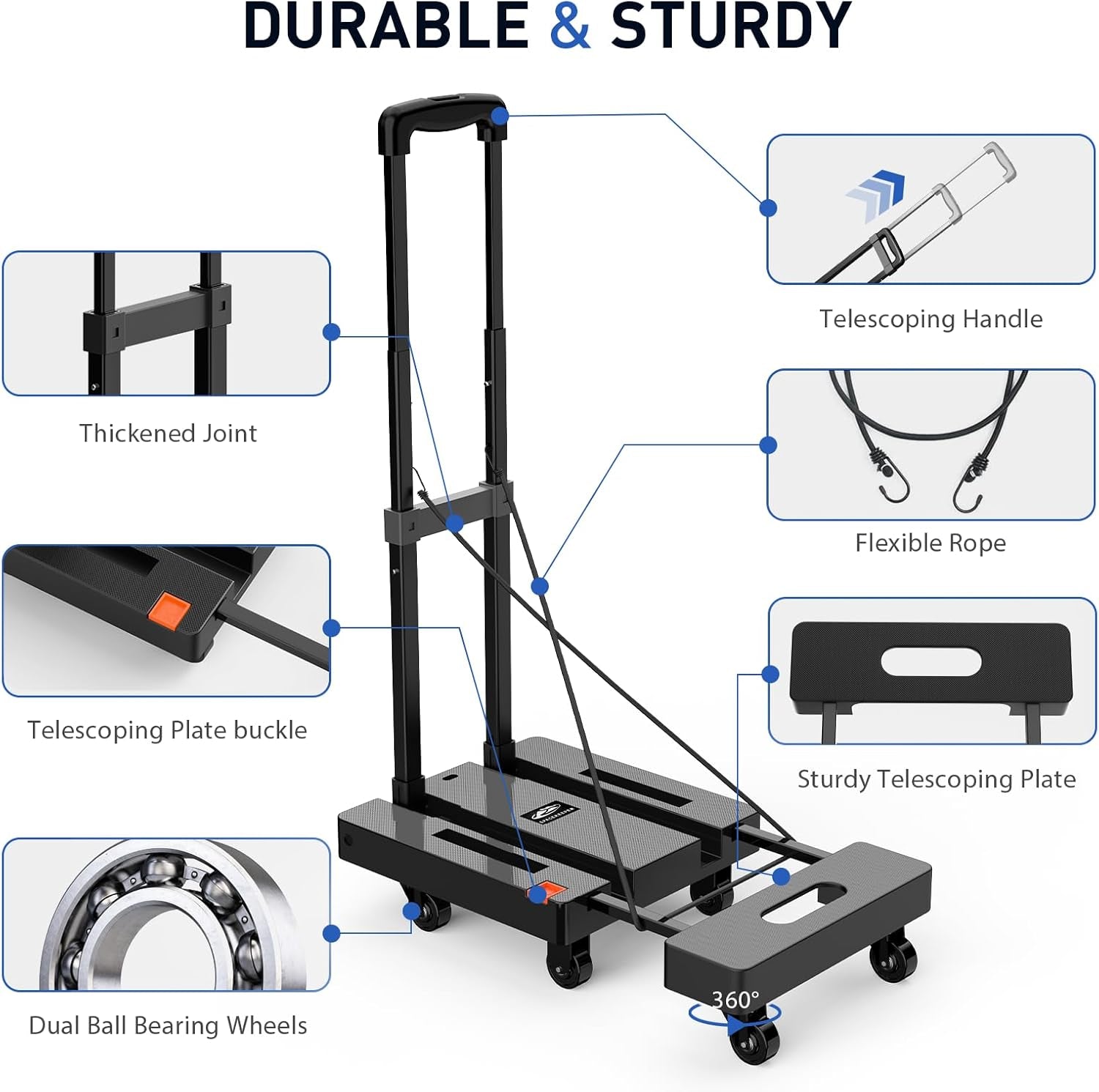 Folding Hand Truck, 500 LB Heavy Duty Luggage Cart, Utility Dolly Platform Cart with 6 Wheels & 2 Elastic Ropes for Luggage, Travel, Moving, Shopping, Office Use, Black