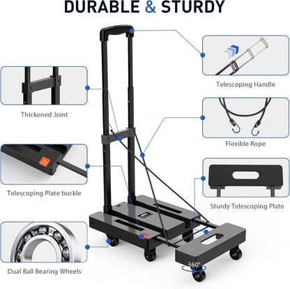Folding Hand Truck, 500 LB Heavy Duty Luggage Cart, Utility Dolly Platform Cart with 6 Wheels & 2 Elastic Ropes for Luggage, Travel, Moving, Shopping, Office Use, Black